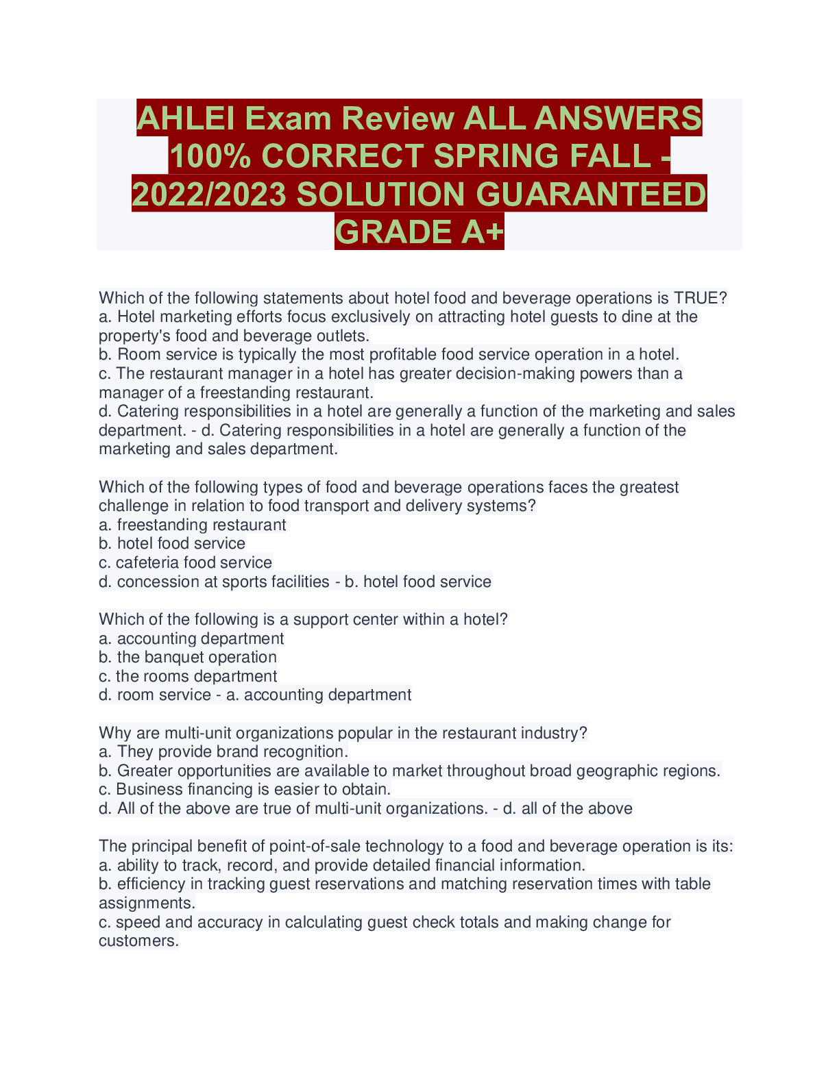 Preview image for AHLEI Exam Review ALL ANSWERS 100% CORRECT SPRING FALL -2022/2023 SOLUTION GUARANTEED GRADE A+